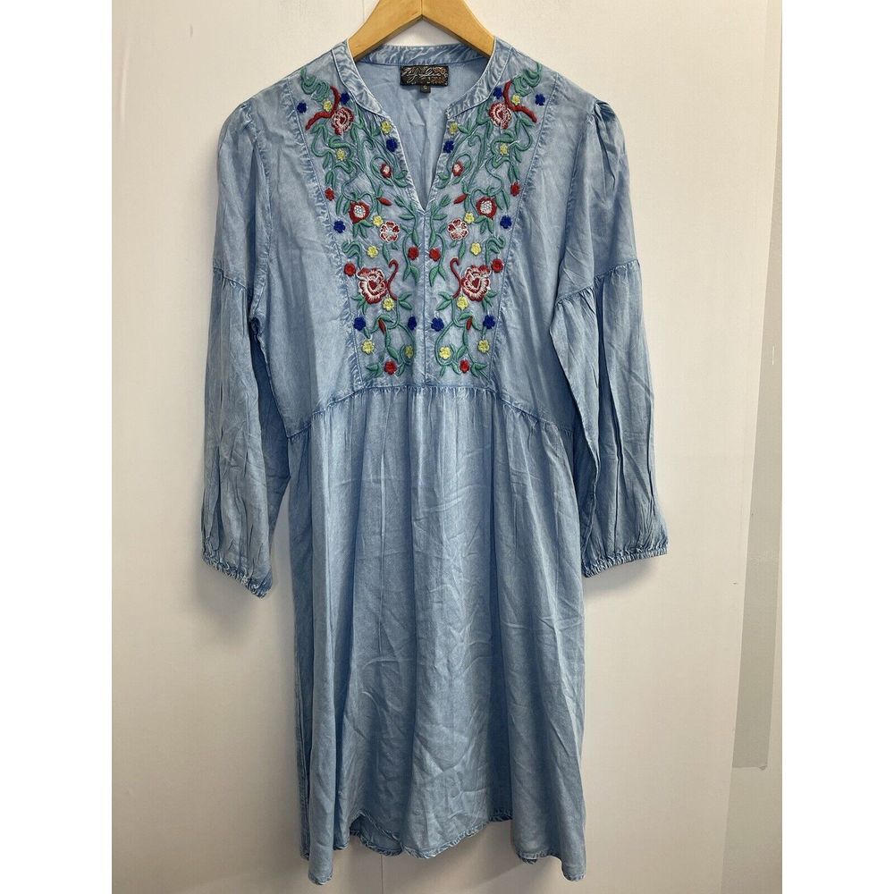 J Gee Women's S Chambray Embroidered Dress Long Sleeve Split Neck Boho